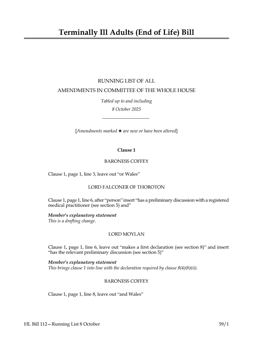 Terminally Ill Adults (End of Life) Bill Running List of all amendments in Committee of the Whole House tabled up to and including 8 October 2025