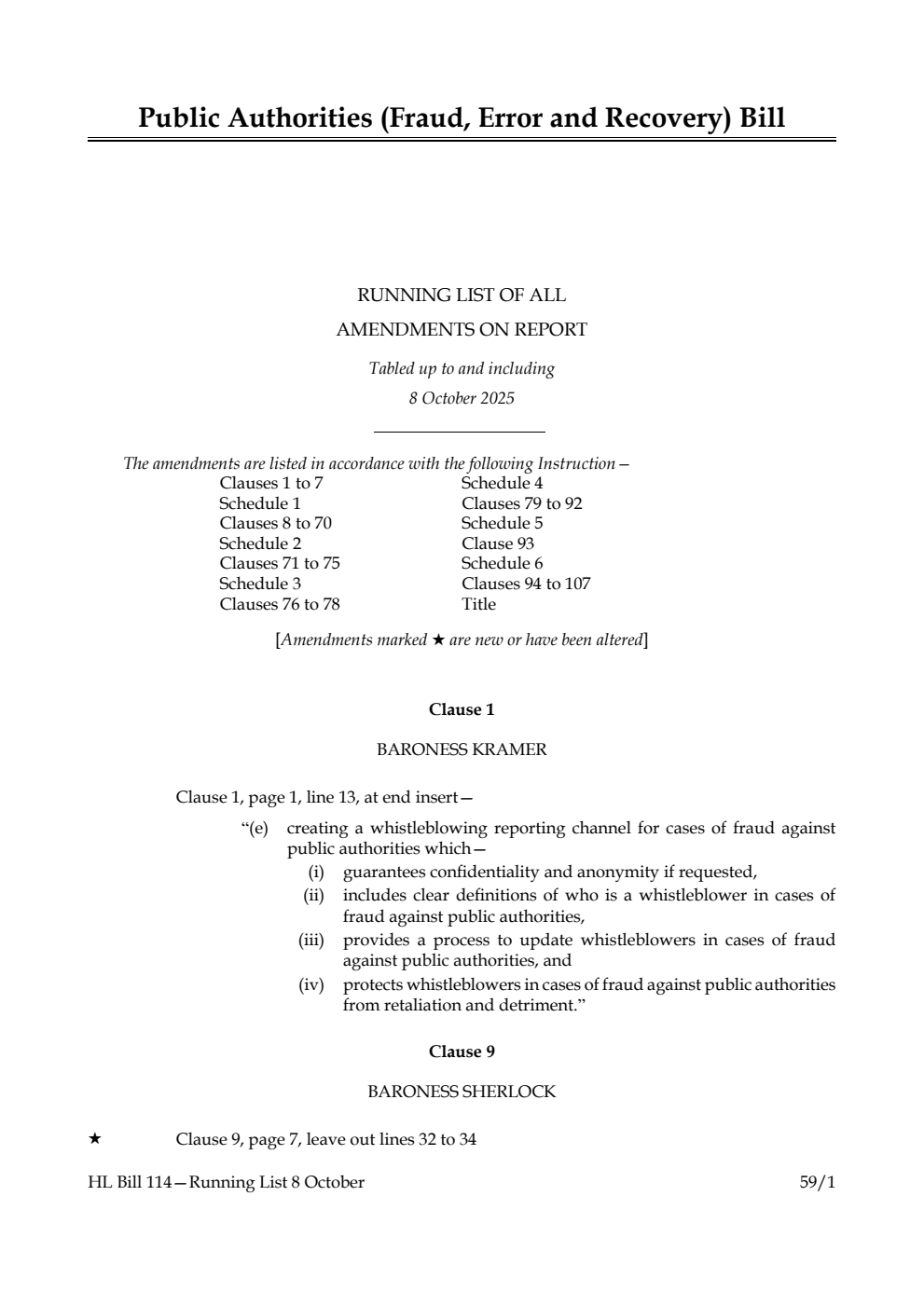 Public Authorities (Fraud, Error and Recovery) Bill Running List of all amendments on report tabled up to and including 8 October 2025