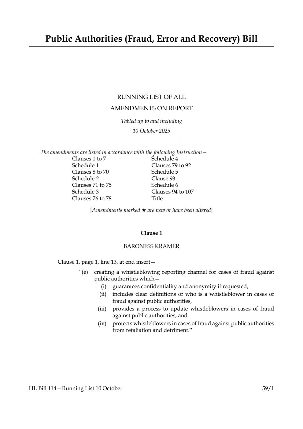 Public Authorities (Fraud, Error and Recovery) Bill Running List of all amendments on report tabled up to and including 10 October 2025