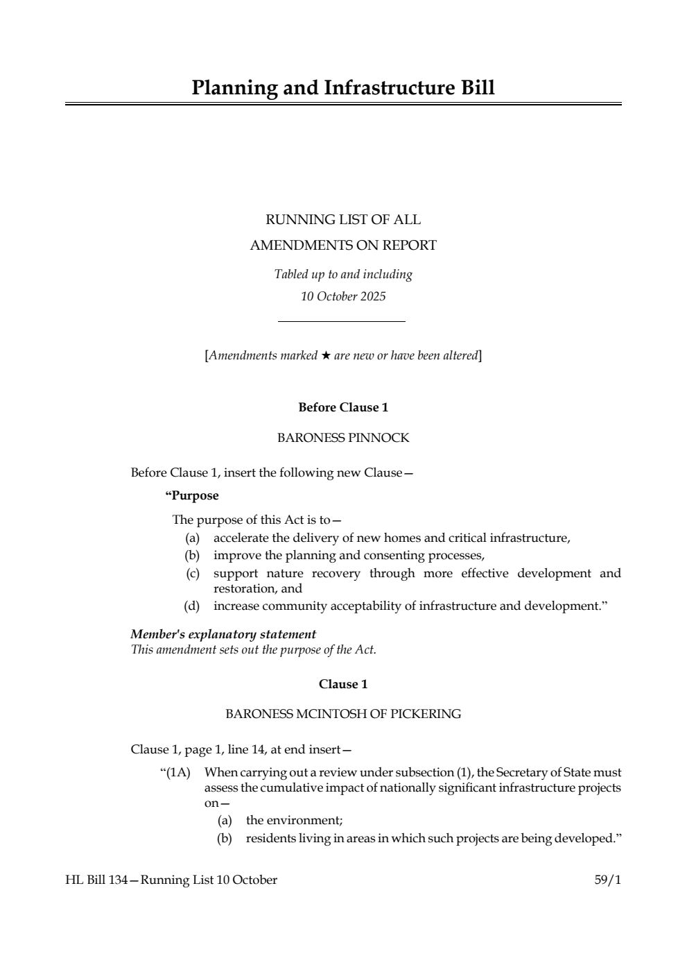 Planning and Infrastructure Bill Running List of all amendments on report tabled up to and including 10 October 2025
