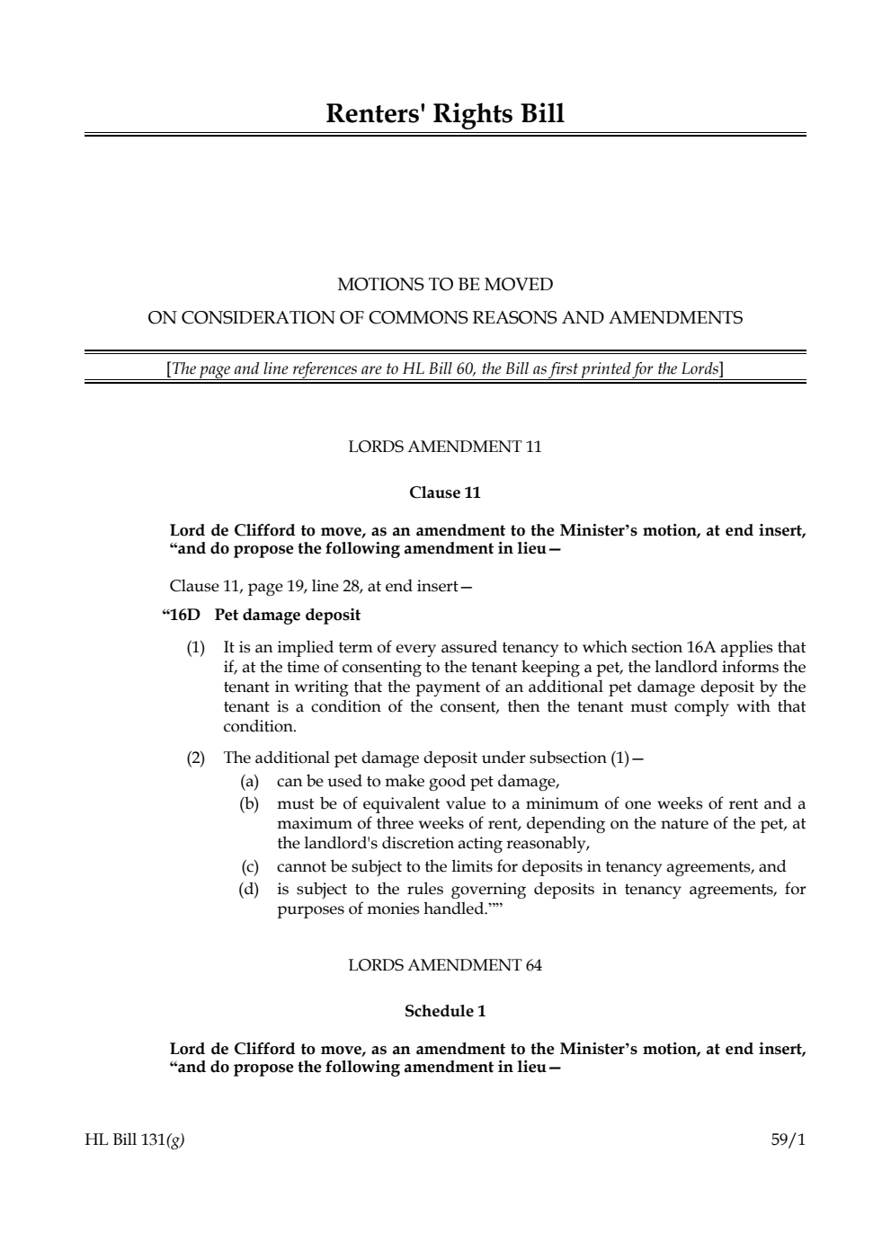 Renters' Rights Bill Motions to be moved on consideration of Commons reasons and amendments