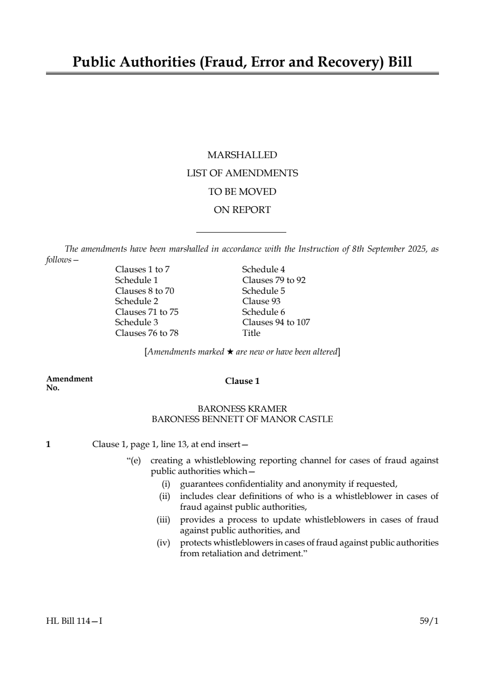 Public Authorities (Fraud, Error and Recovery) Bill Marshalled List of amendments to be moved on report
