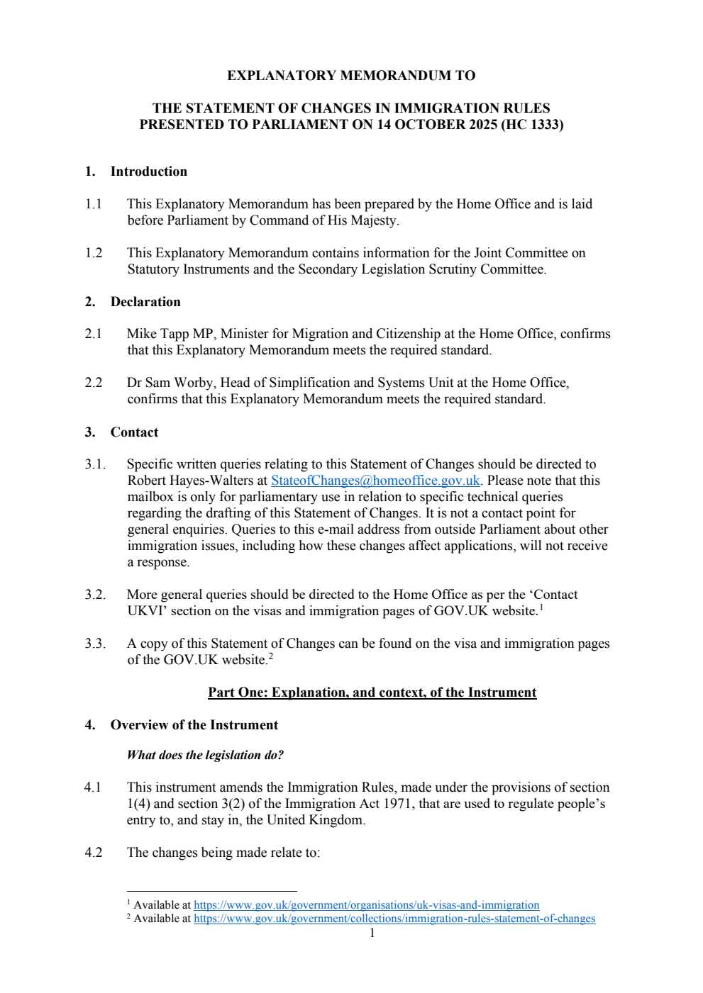 Explanatory Memorandum to the Statement of Changes in Immigration Rules