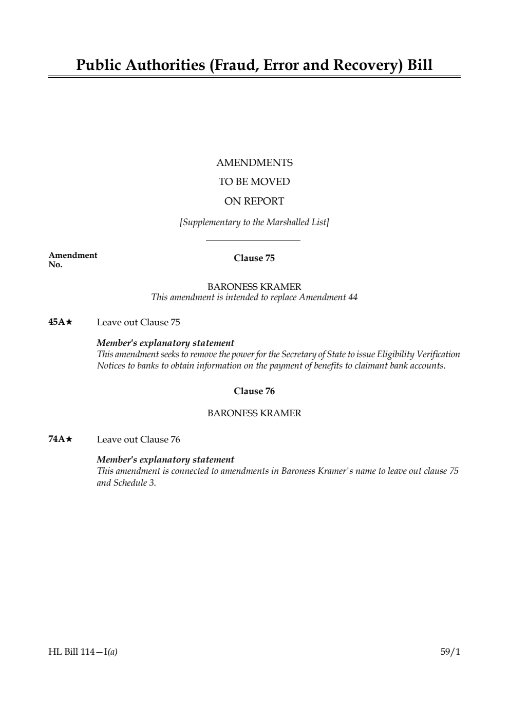 Public Authorities (Fraud, Error and Recovery) Bill Amendments to be moved on report [Supplementary to the Marshalled List]
