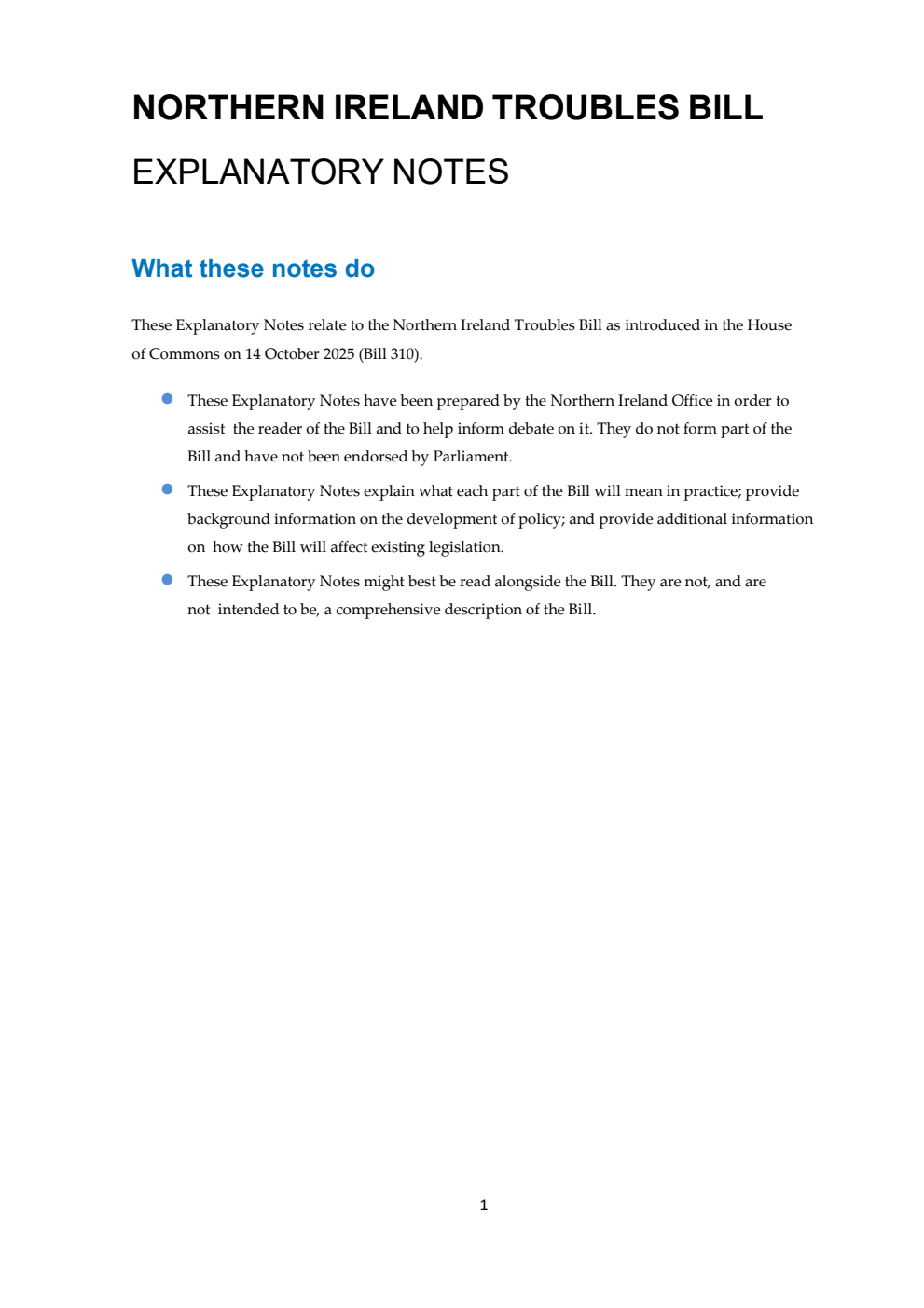 Northern Ireland Troubles Bill Explanatory Notes