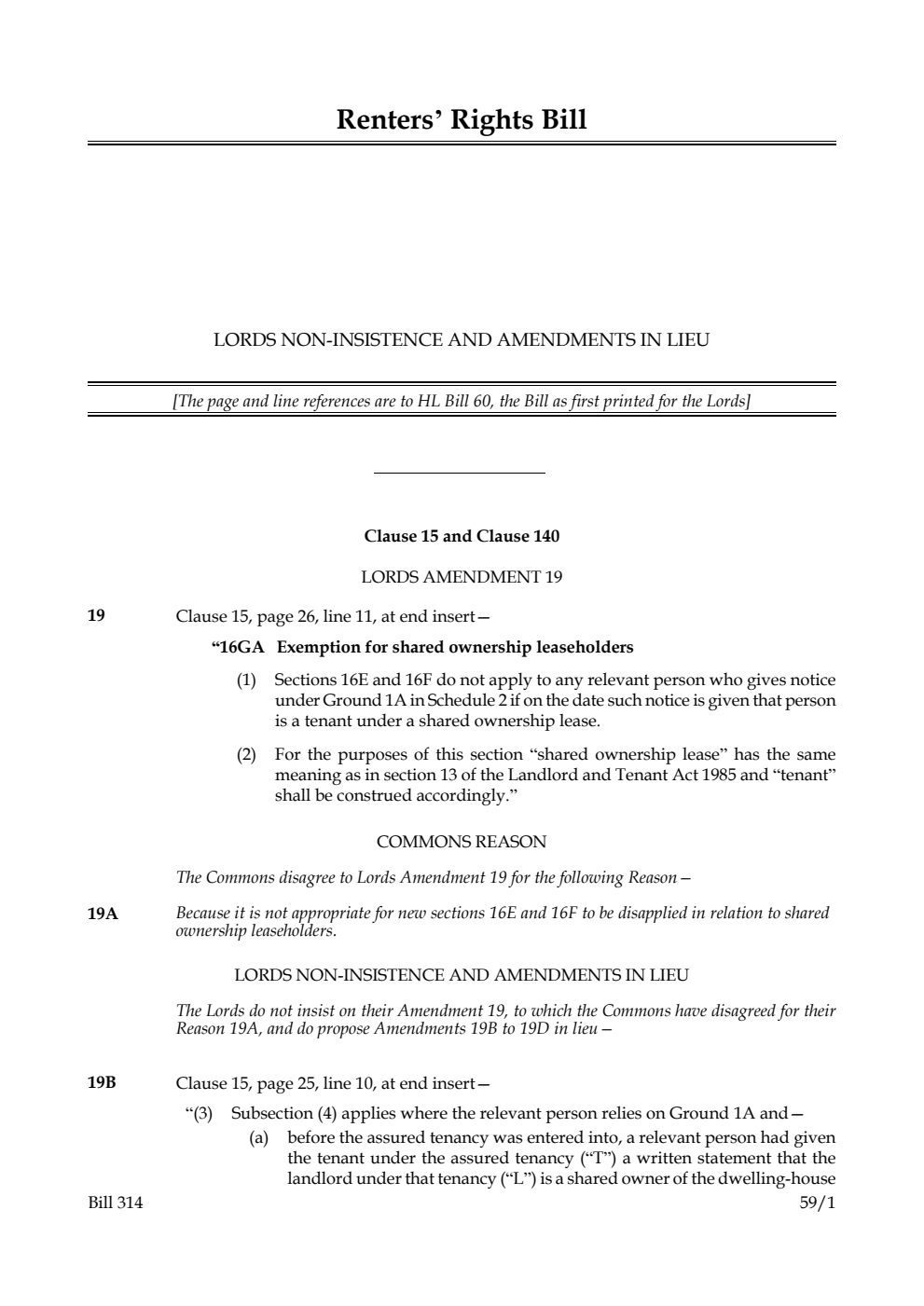 Renters’ Rights Bill Lords non-insistence and amendments in lieu
