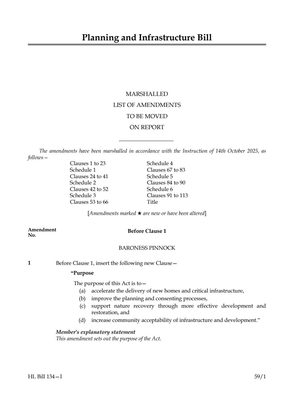 Planning and Infrastructure Bill Marshalled List of amendments to be moved on report