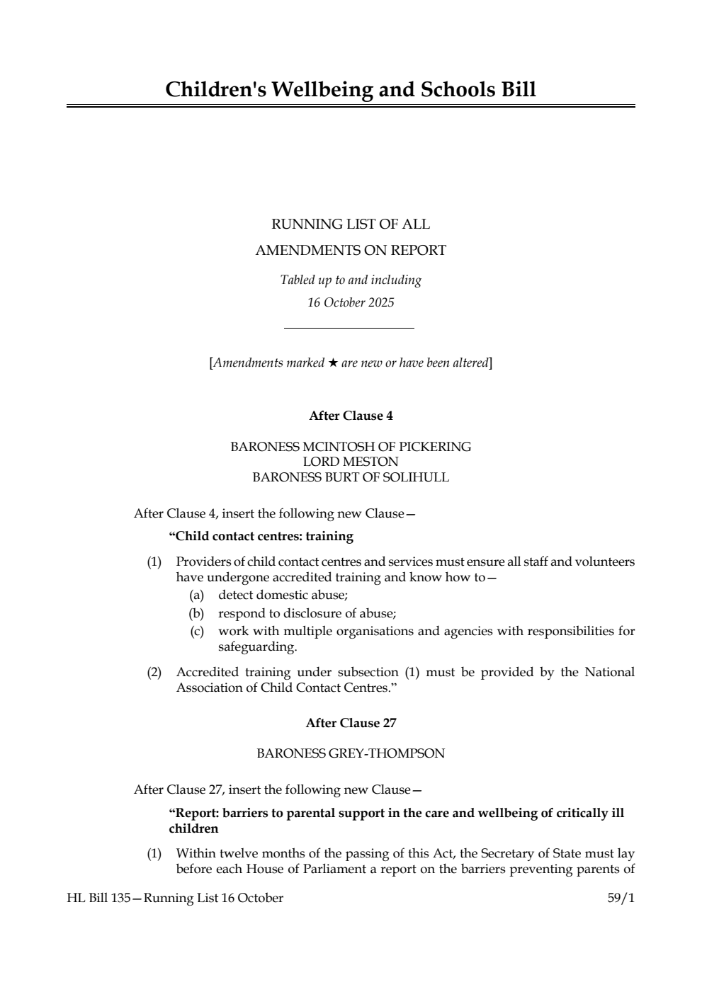 Children's Wellbeing and Schools Bill Running List of all amendments on report tabled up to and including 16 October 2025
