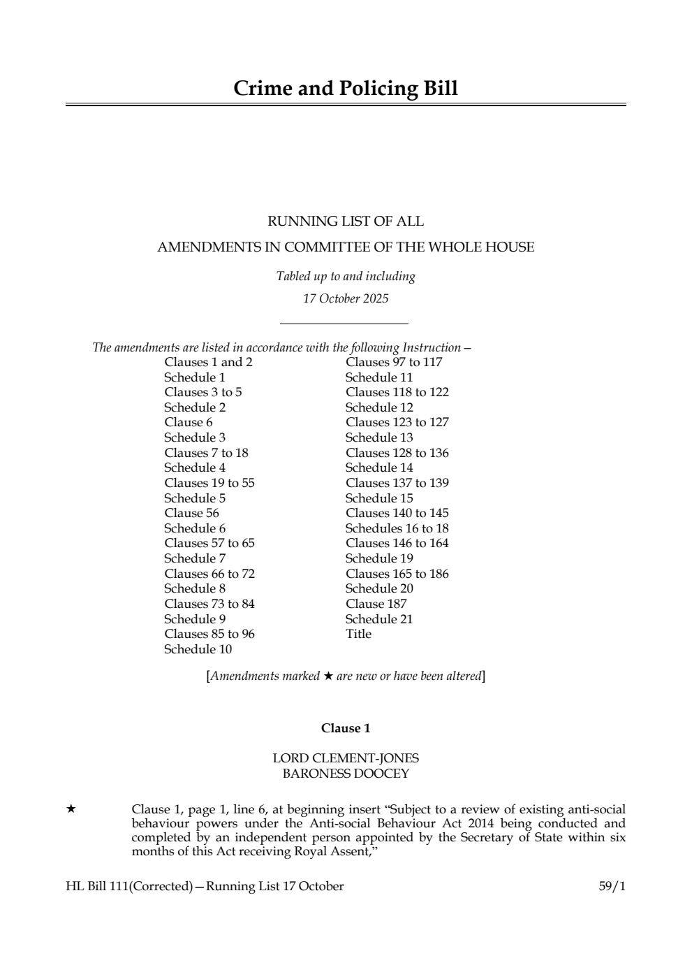 Crime and Policing Bill Running List of all amendments in Committee of the Whole House tabled up to and including 17 October 2025
