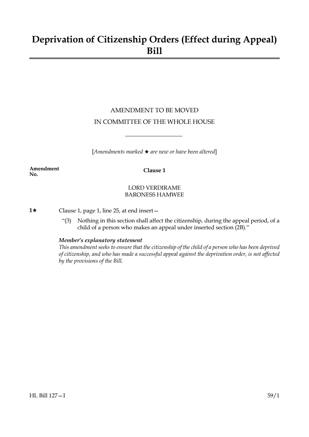 Deprivation of Citizenship Orders (Effect during Appeal) Bill Amendment to be moved in Committee of the Whole House