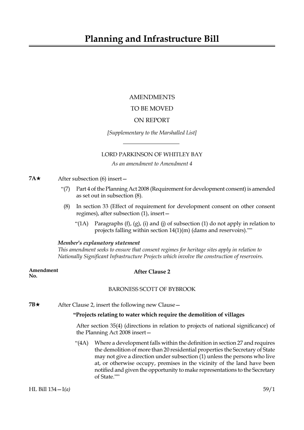 Planning and Infrastructure Bill Amendments to be moved on report [Supplementary to the Marshalled List] 