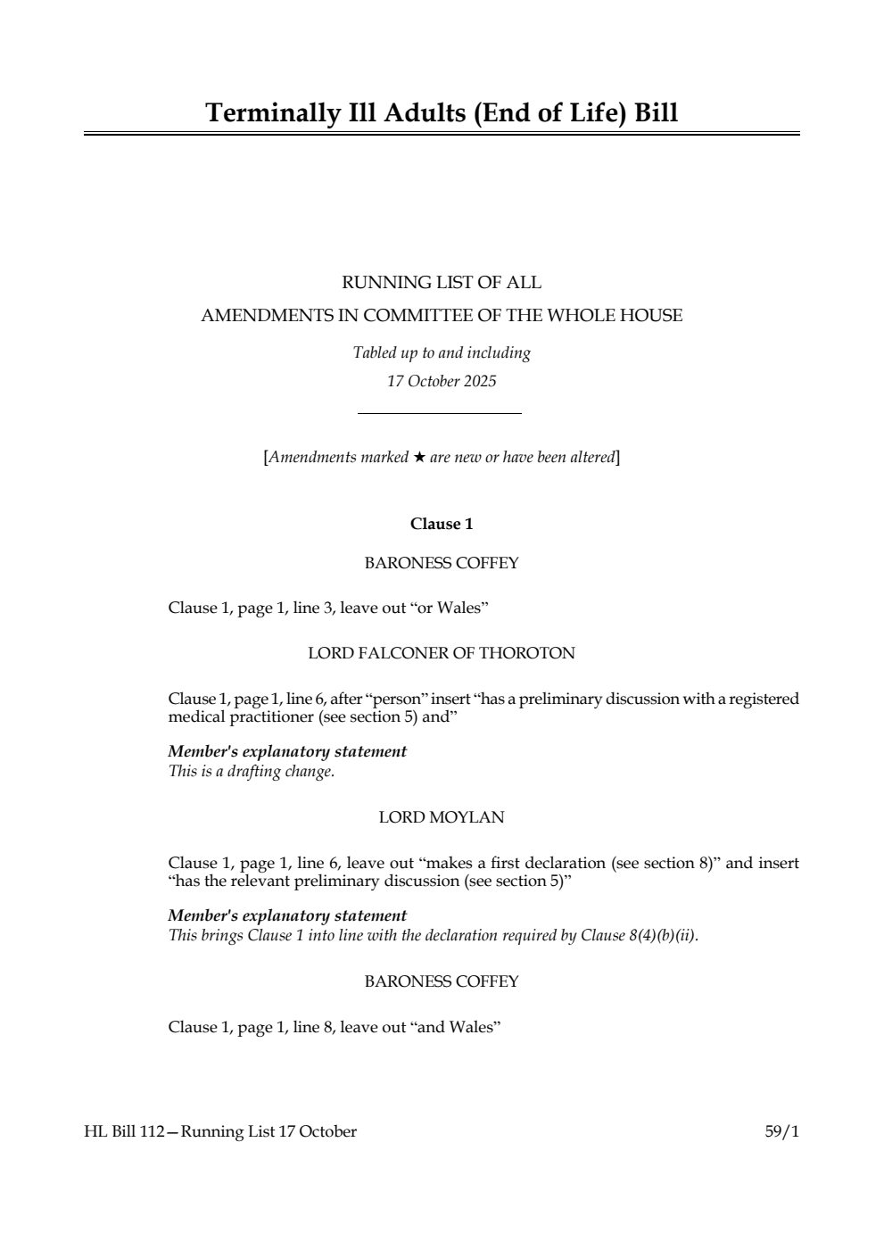 Terminally Ill Adults (End of Life) Bill Running List of all amendments in Committee of the Whole House tabled up to and including 17 October 2025