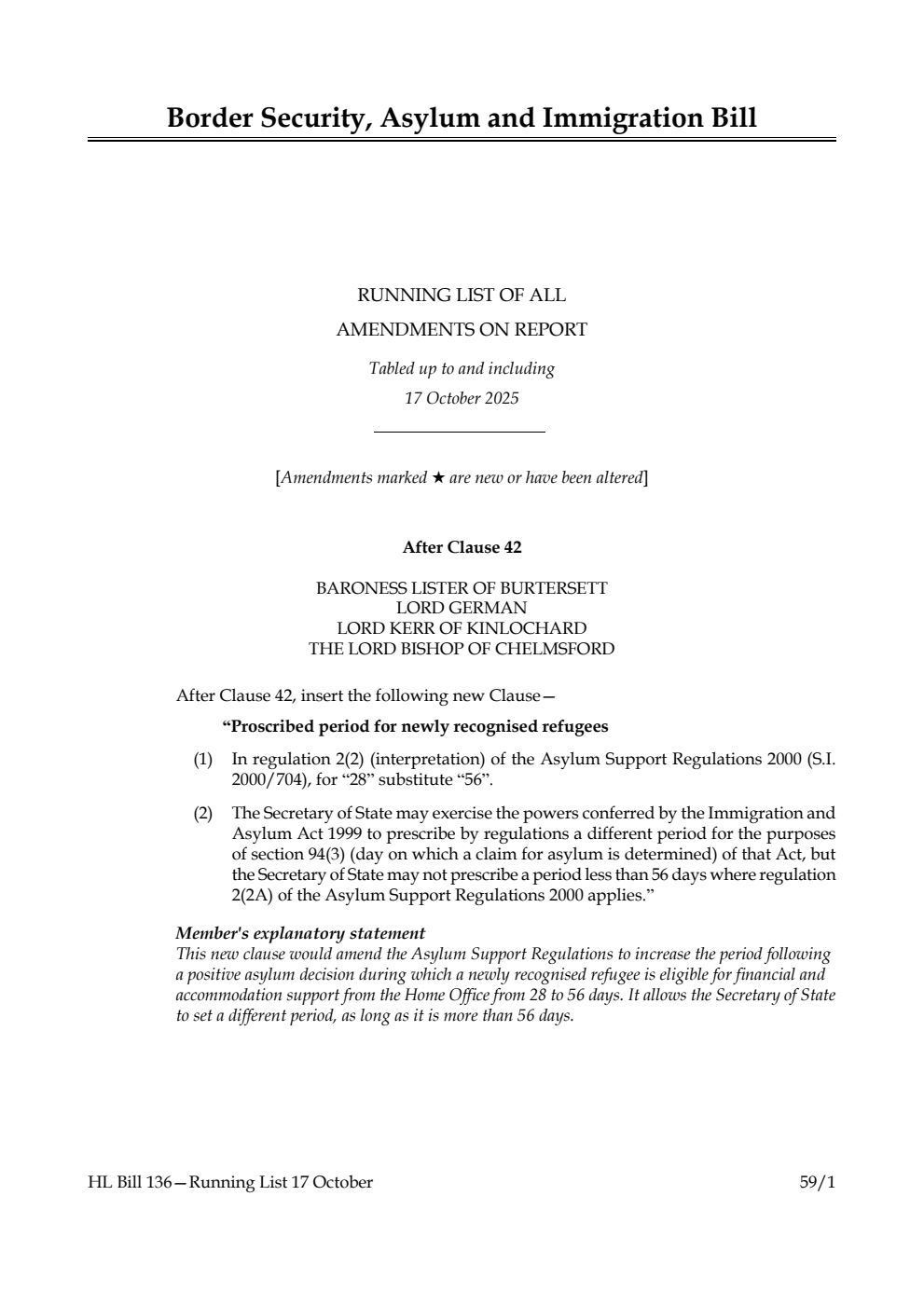 Border Security, Asylum and Immigration Bill Running List of all amendments on report tabled up to and including 17 October 2025