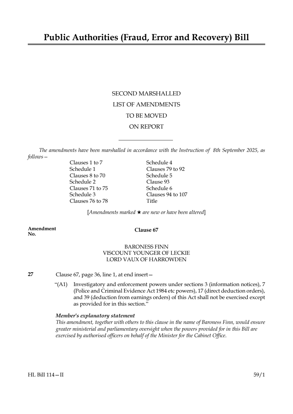 Public Authorities (Fraud, Error and Recovery) Bill Second Marshalled List of amendments to be moved on report