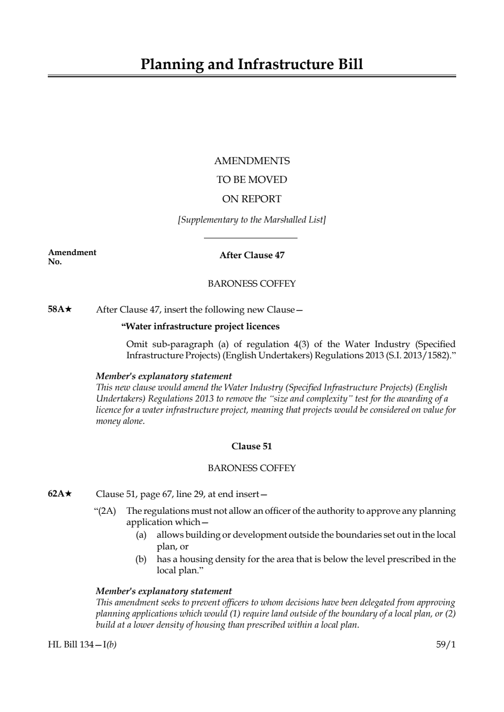 Planning and Infrastructure Bill Amendments to be moved on report [Supplementary to the Marshalled List]