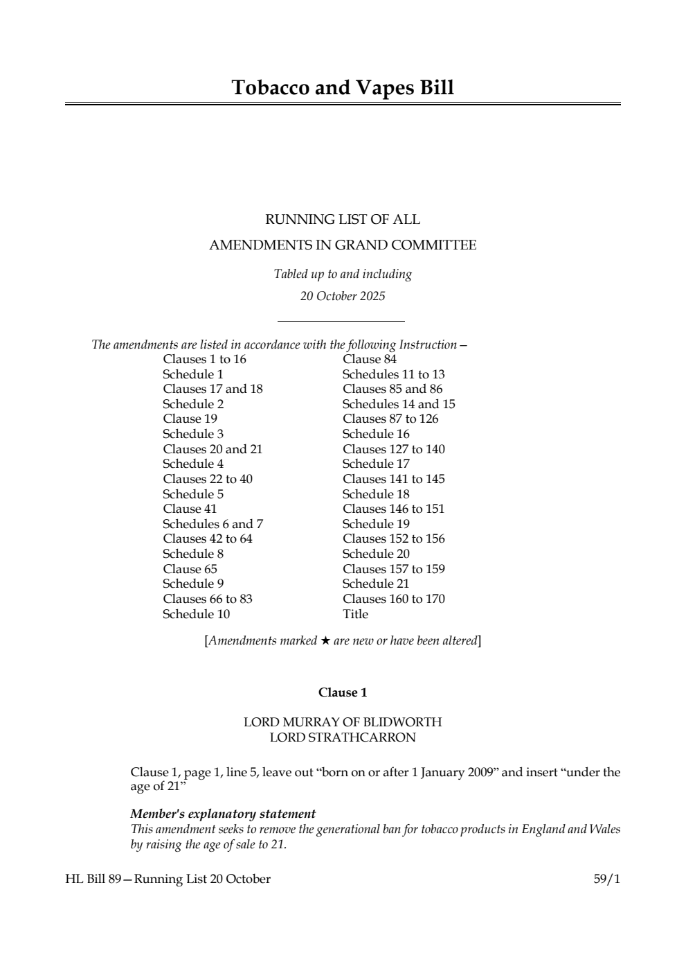 Tobacco and Vapes Bill Running List of all amendments in Grand Committee tabled up to and including 20 October 2025