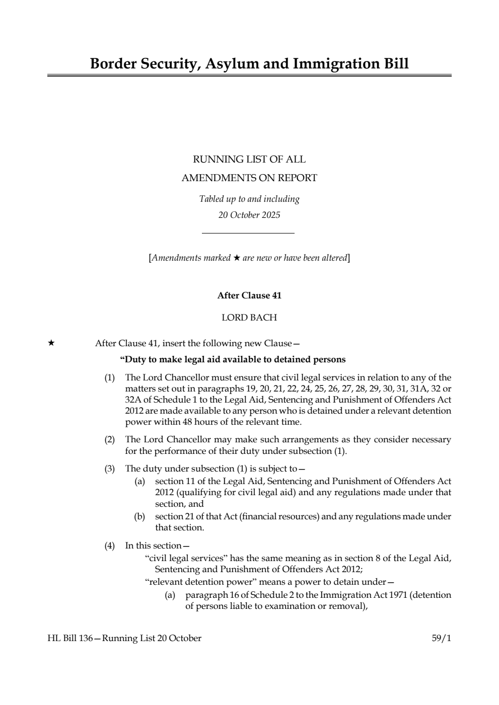 Border Security, Asylum and Immigration Bill Running List of all amendments on report tabled up to and including 20 October 2025