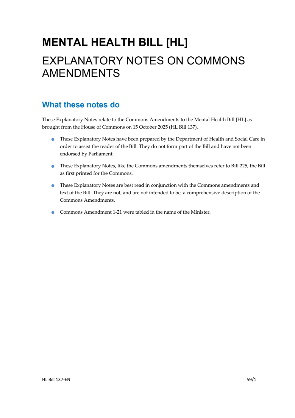 Mental Health Bill Explanatory Notes on Commons amendments