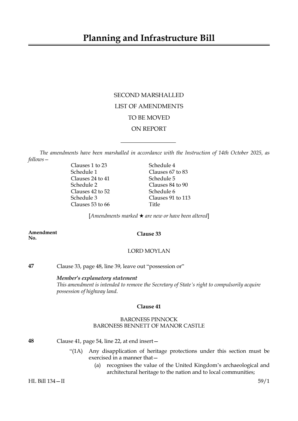 Planning and Infrastructure Bill Second Marshalled List of amendments to be moved on report