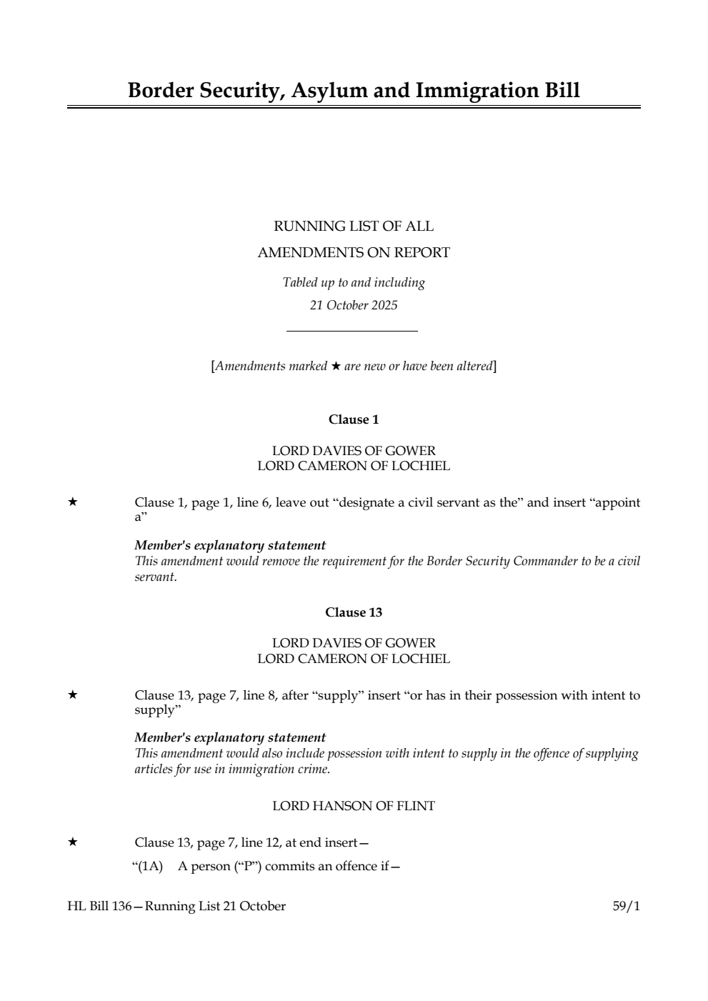 Border Security, Asylum and Immigration Bill Running List of all amendments on report tabled up to and including 21 October 2025