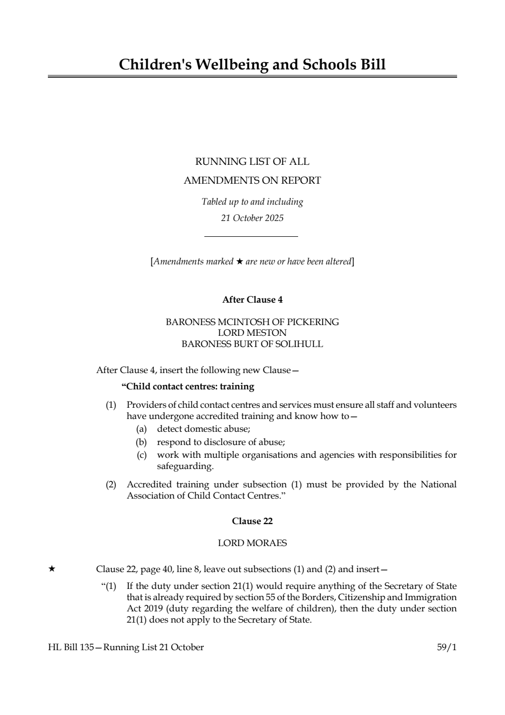 Children's Wellbeing and Schools Bill Running List of all amendments on report tabled up to and including 21 October 2025