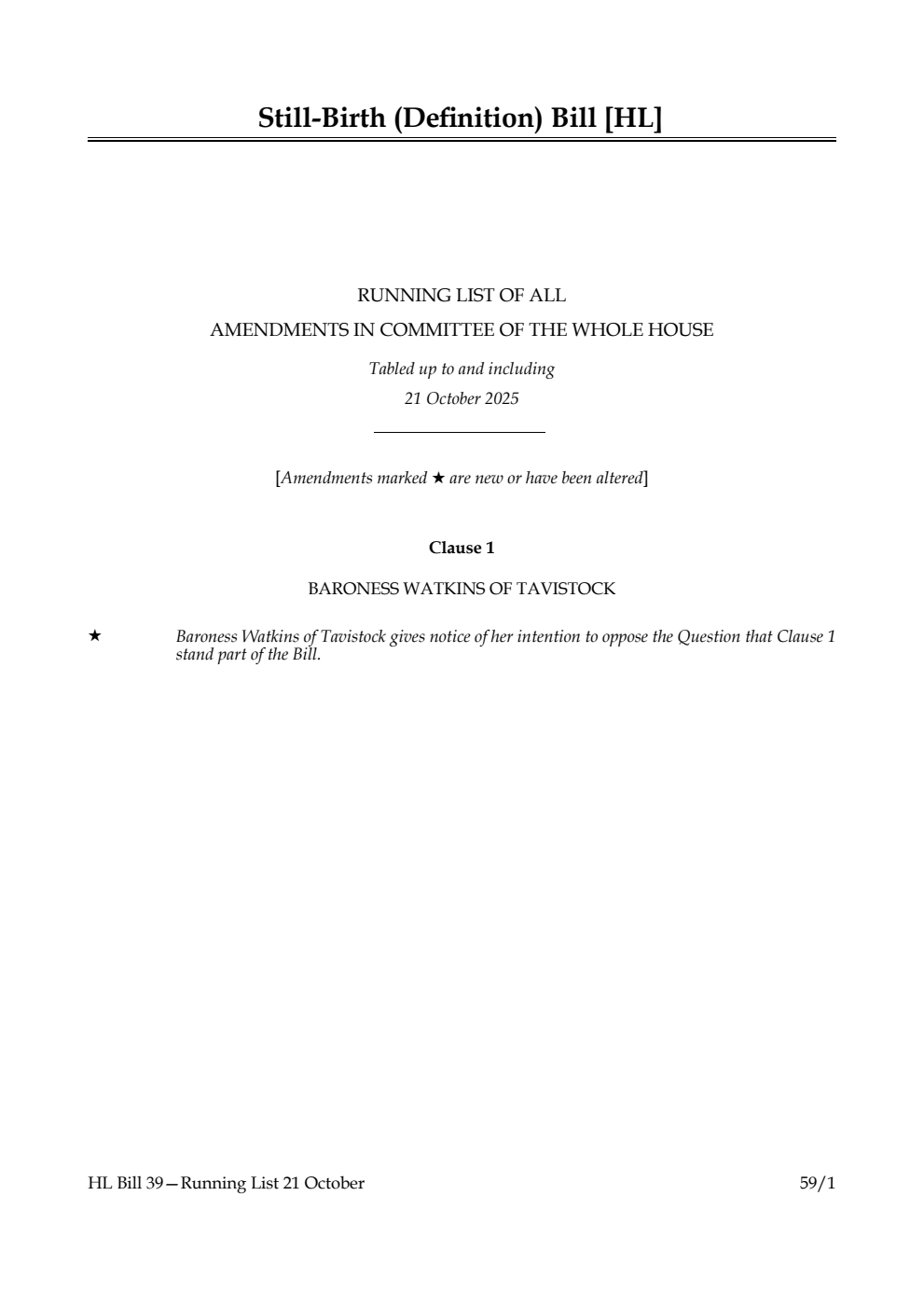 Still-birth (Definition) Bill Running List of all amendments in Committee of the Whole House tabled up to and including 21 October 2025