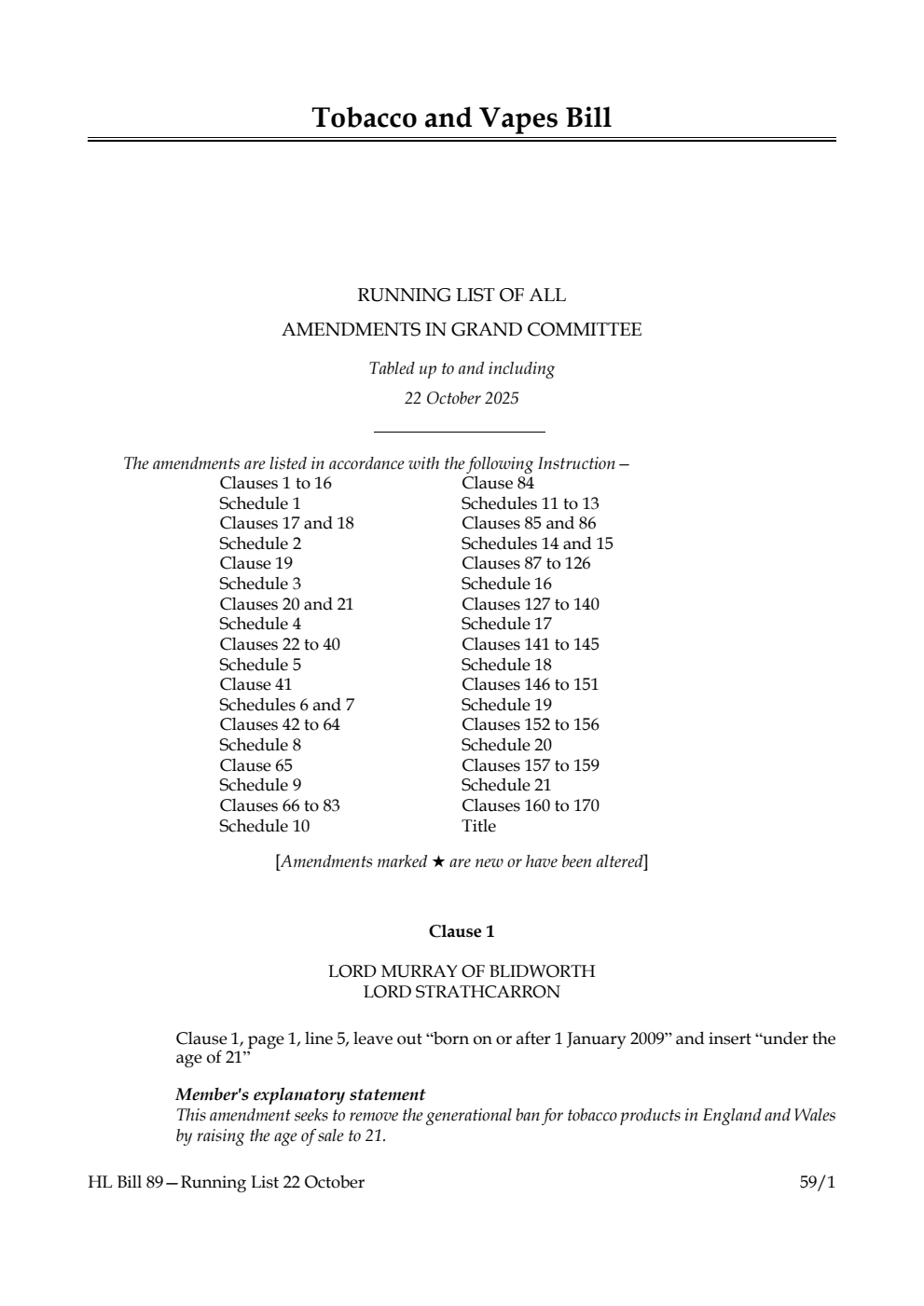 Tobacco and Vapes Bill Running List of all amendments in Grand Committee tabled up to and including 22 October 2025