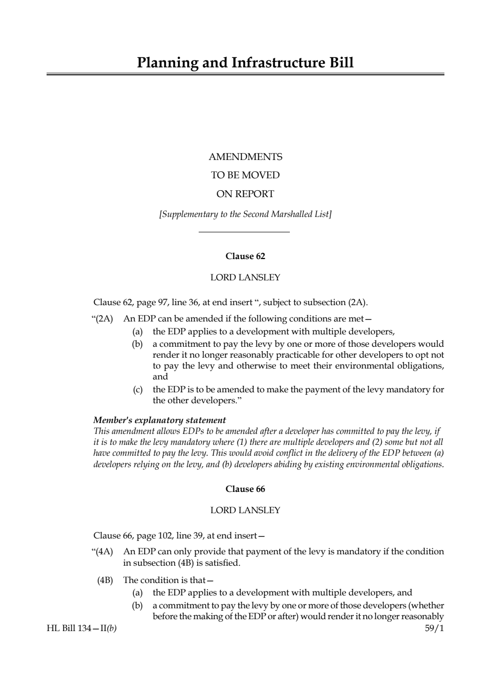 Planning and Infrastructure Bill Amendments to be moved on report [Supplementary to the Second Marshalled List]