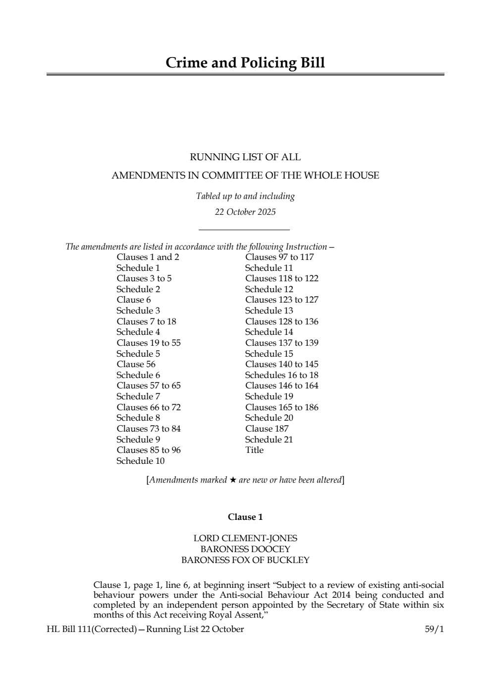 Crime and Policing Bill Running List of all amendments in Committee of the Whole House tabled up to and including 22 October 2025