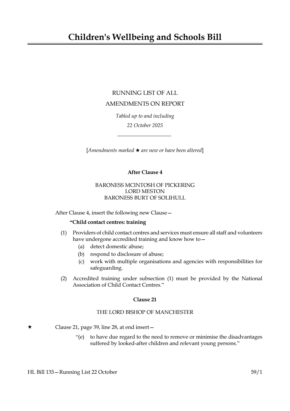 Children's Wellbeing and Schools Bill Running List of all amendments on report tabled up to and including 22 October 2025
