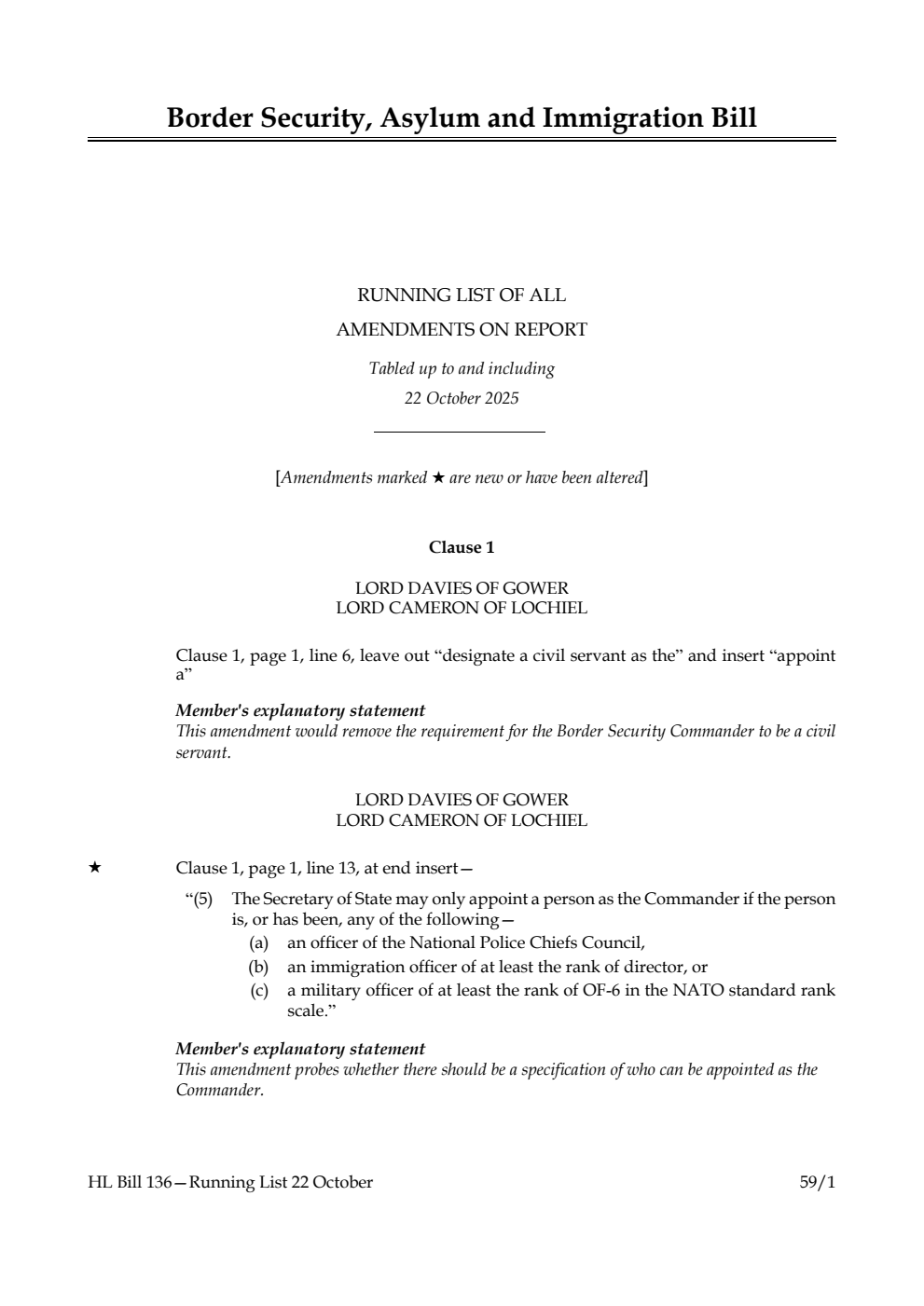 Border Security, Asylum and Immigration Bill Running List of all amendments on report tabled up to and including 22 October 2025