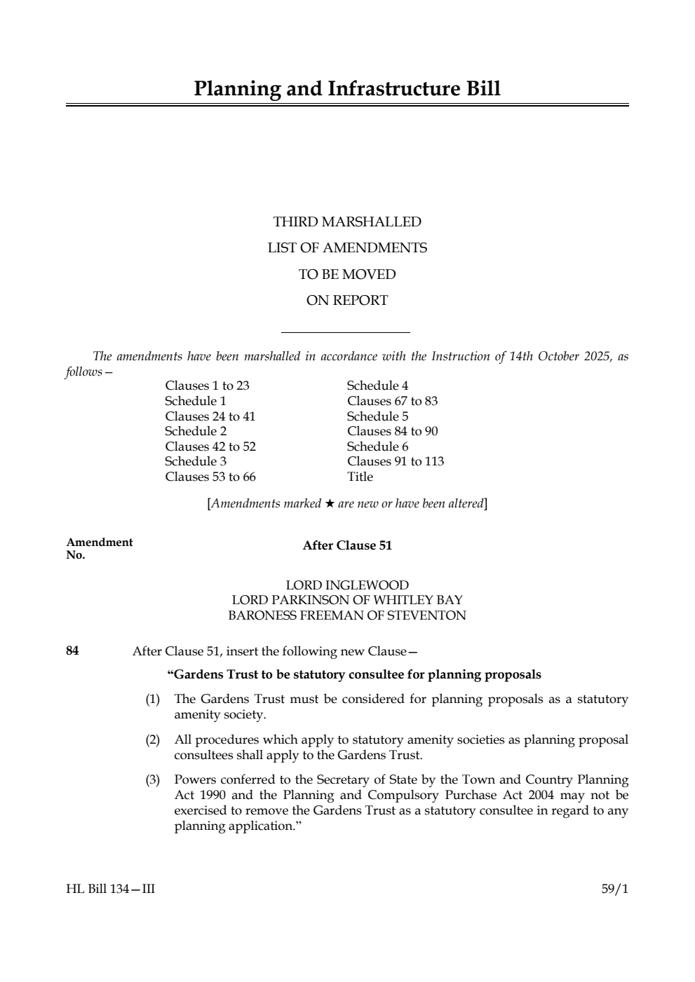 Planning and Infrastructure Bill Third Marshalled List of amendments to be moved on report