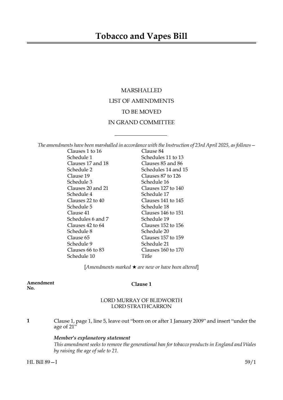 Tobacco and Vapes Bill Marshalled List of amendments to be moved in Grand Committee