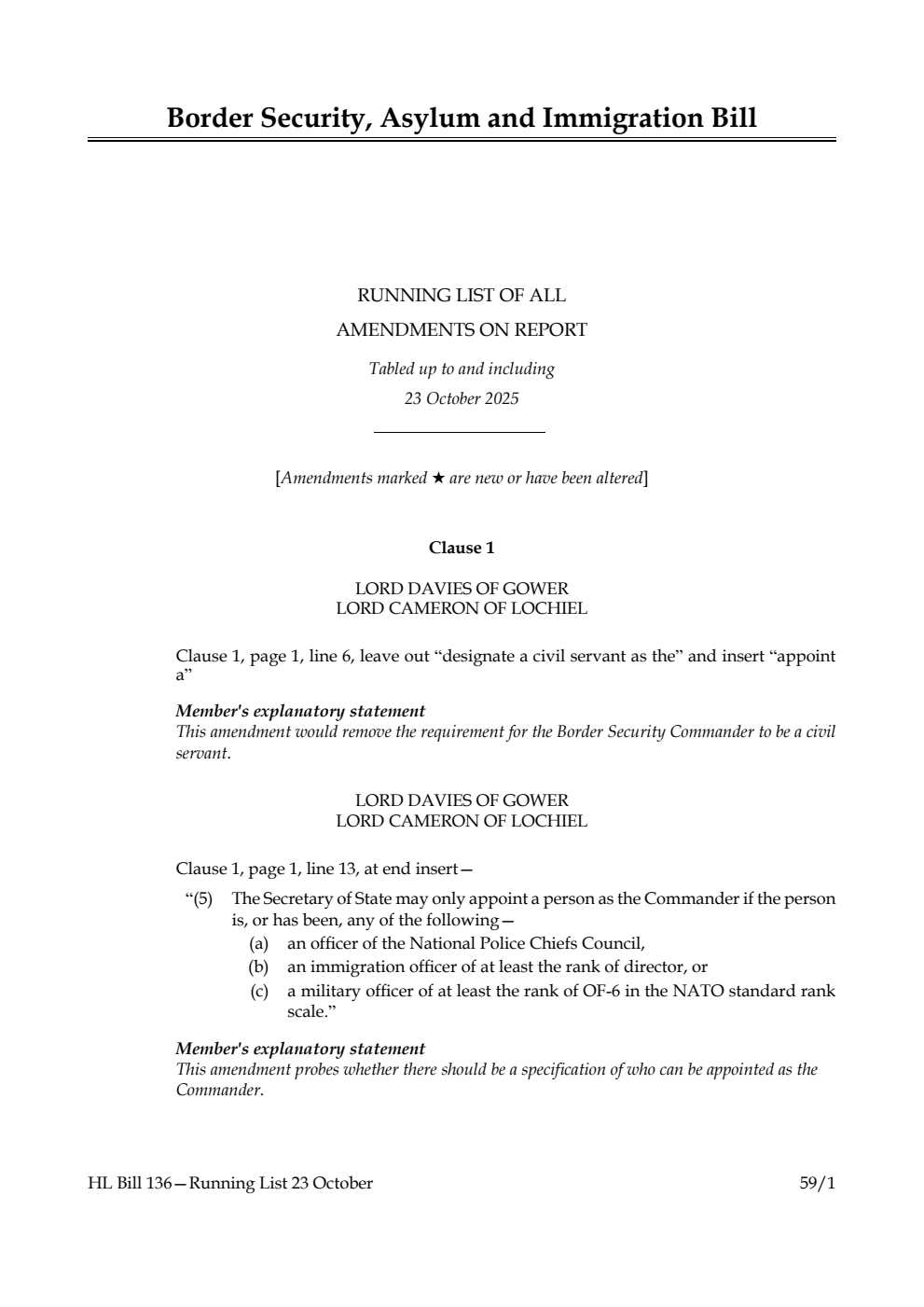 Border Security, Asylum and Immigration Bill Running List of all amendments on report tabled up to and including 23 October 2025