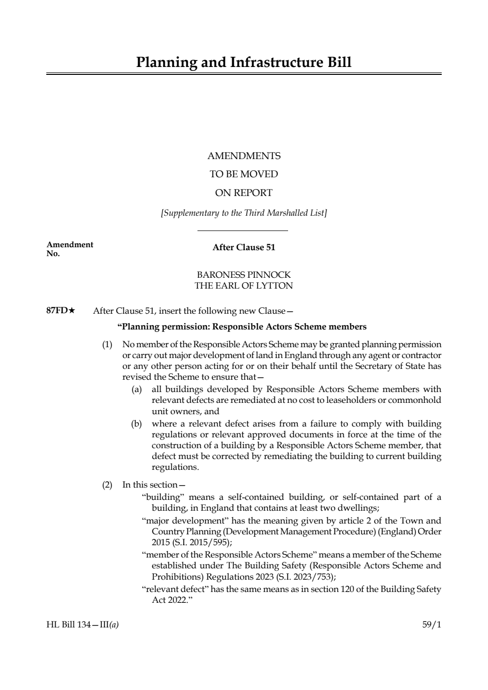 Planning and Infrastructure Bill Amendments to be moved on report [Supplementary to the Third Marshalled List] 