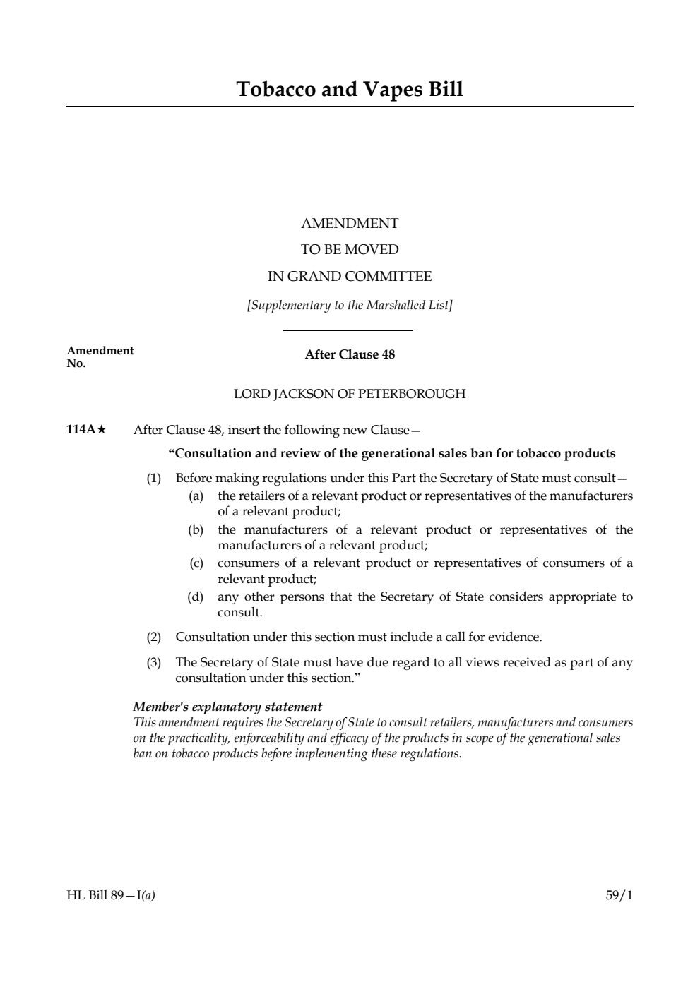 Tobacco and Vapes Bill Amendment to be moved in Grand Committee [Supplementary to the Marshalled List] 