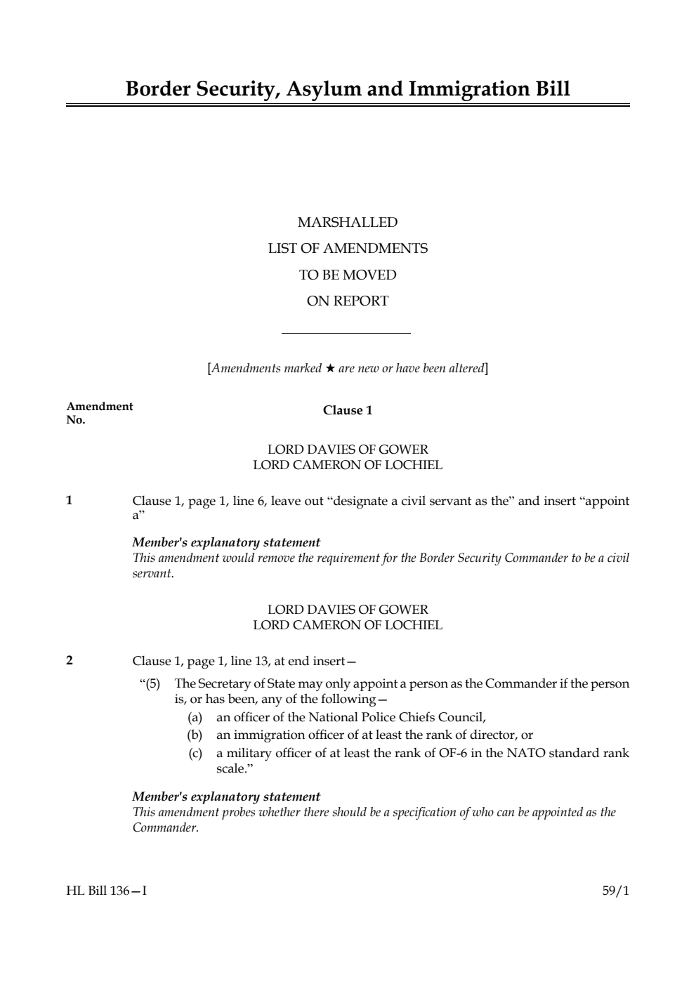 Border Security, Asylum and Immigration Bill Marshalled List of amendments to be moved on report