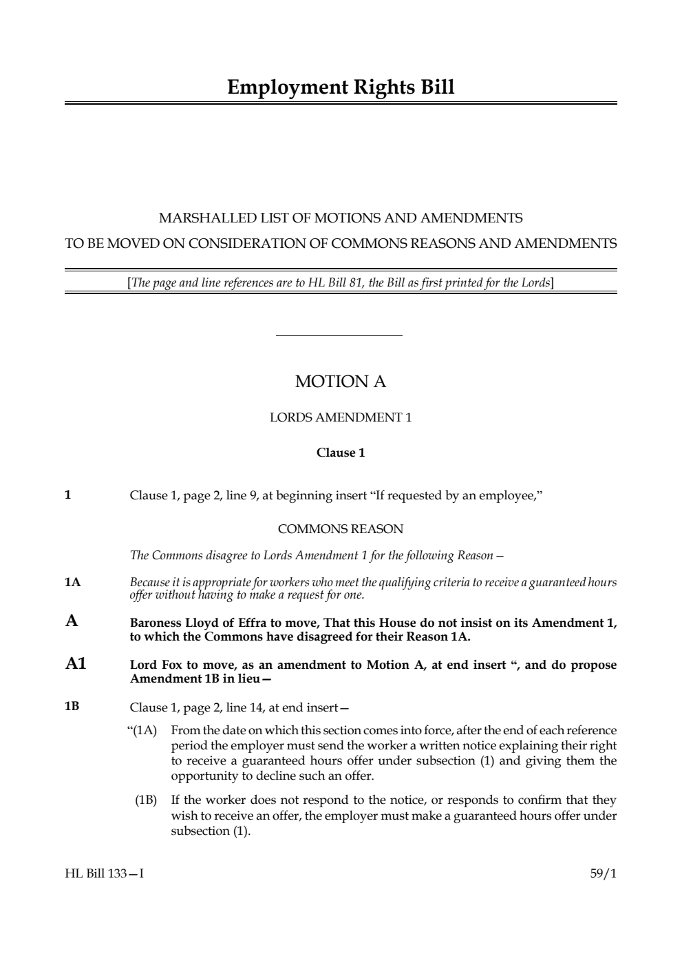 Employment Rights Bill Marshalled List of motions and amendments to be moved on consideration of Commons reasons and amendments