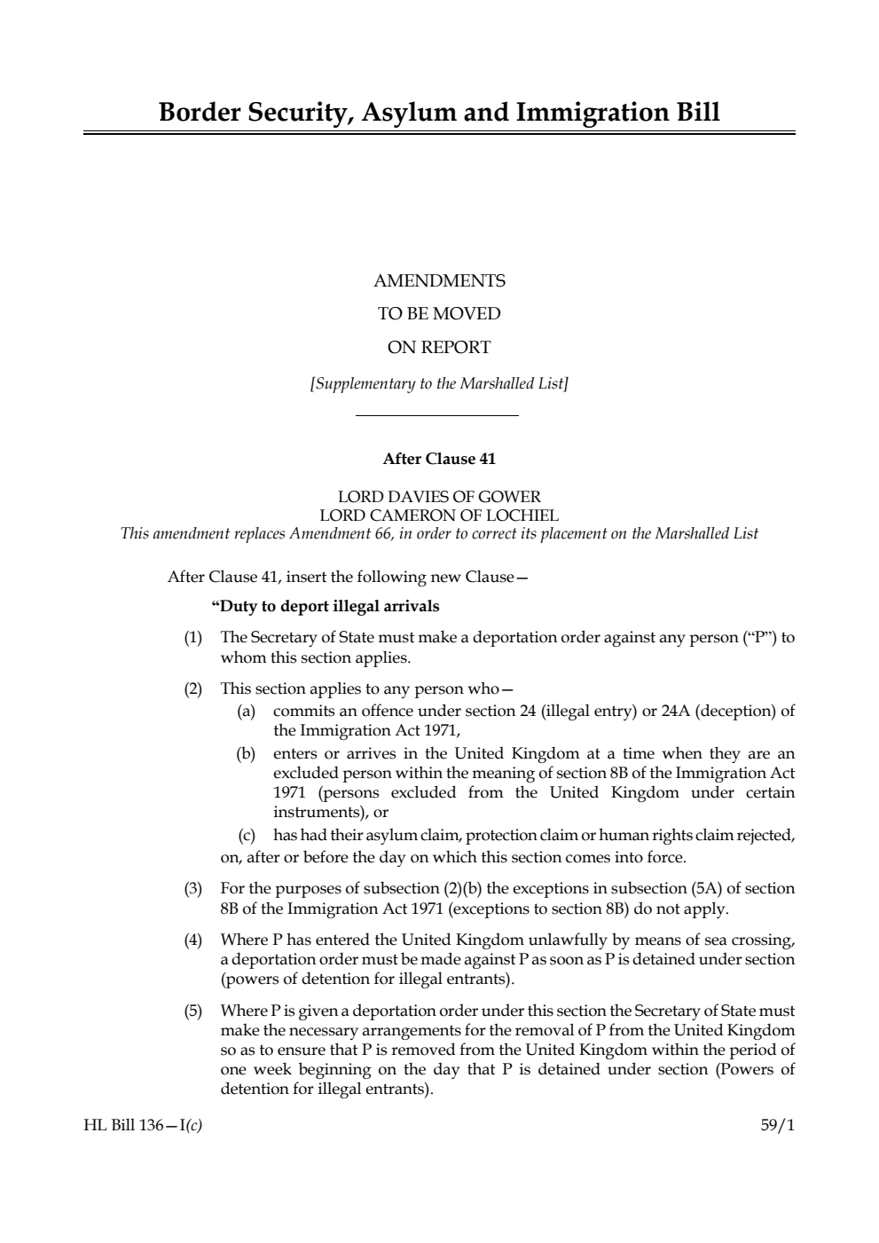 Border Security, Asylum and Immigration Bill Amendments to be moved on report [Supplementary to the Marshalled List]