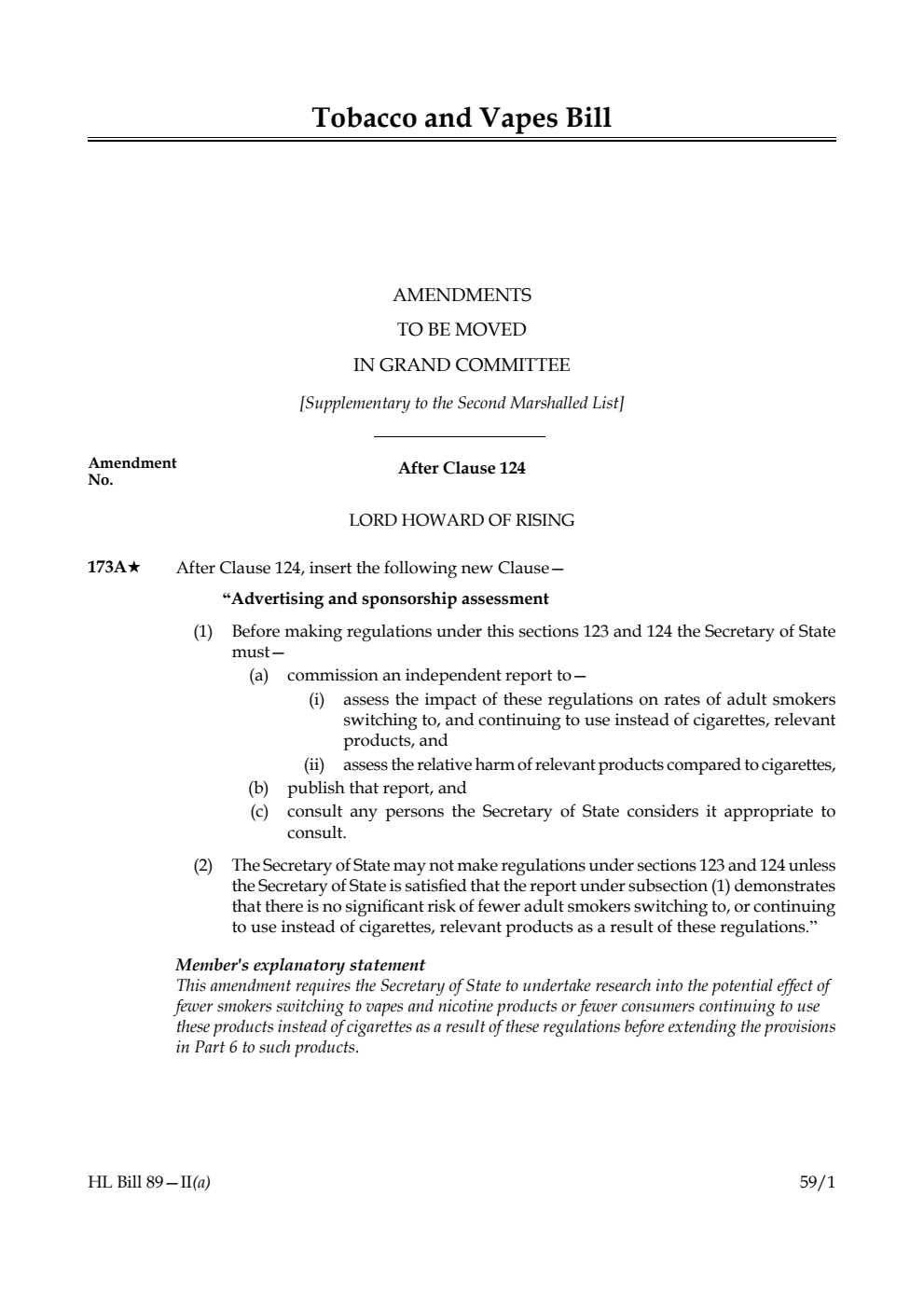 Tobacco and Vapes Bill Amendments to be moved in Grand Committee [Supplementary to the Second Marshalled List] 