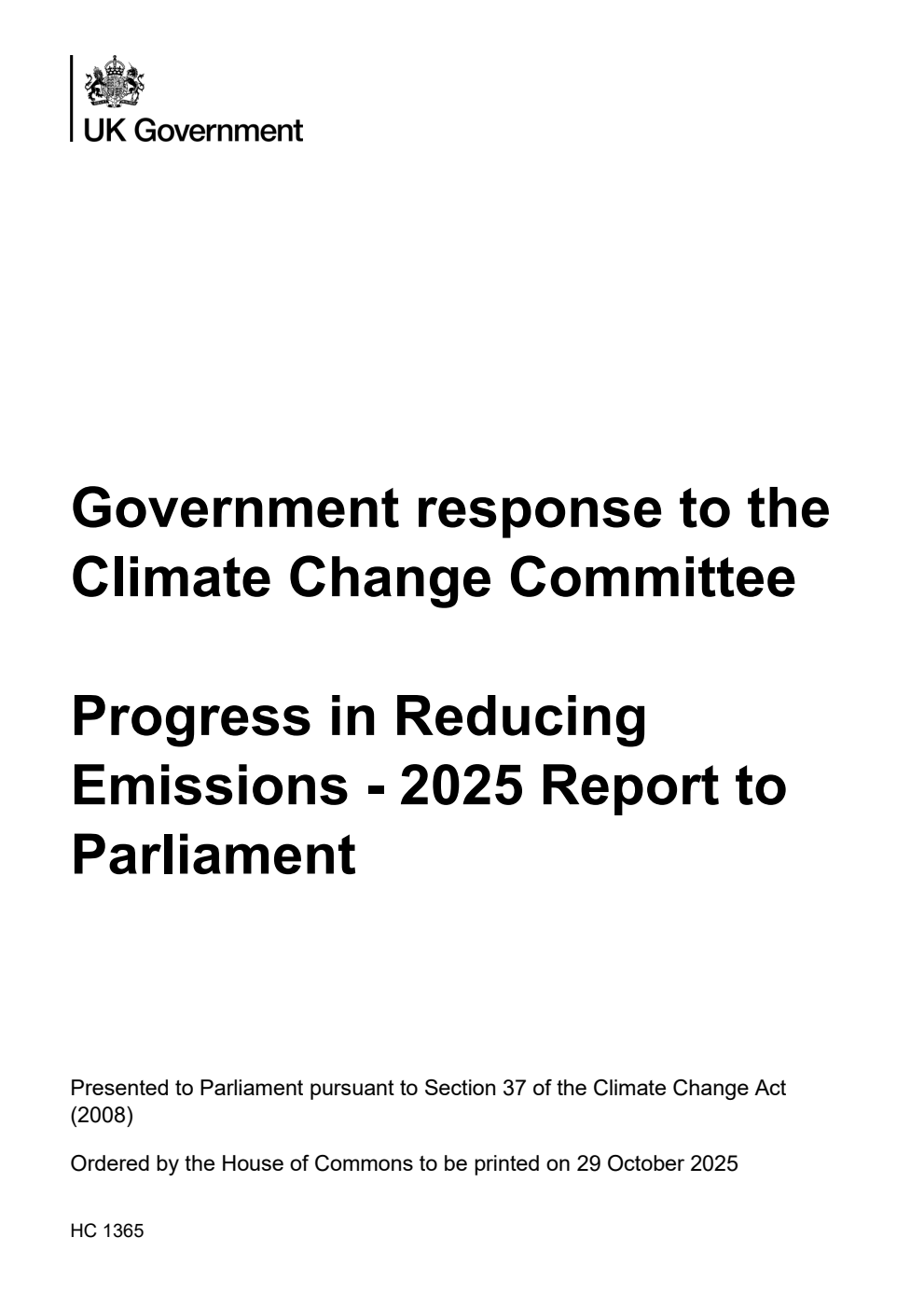 Government response to the Climate Change Committee.  Progress in Reducing Emissions - 2025 Report to Parliament