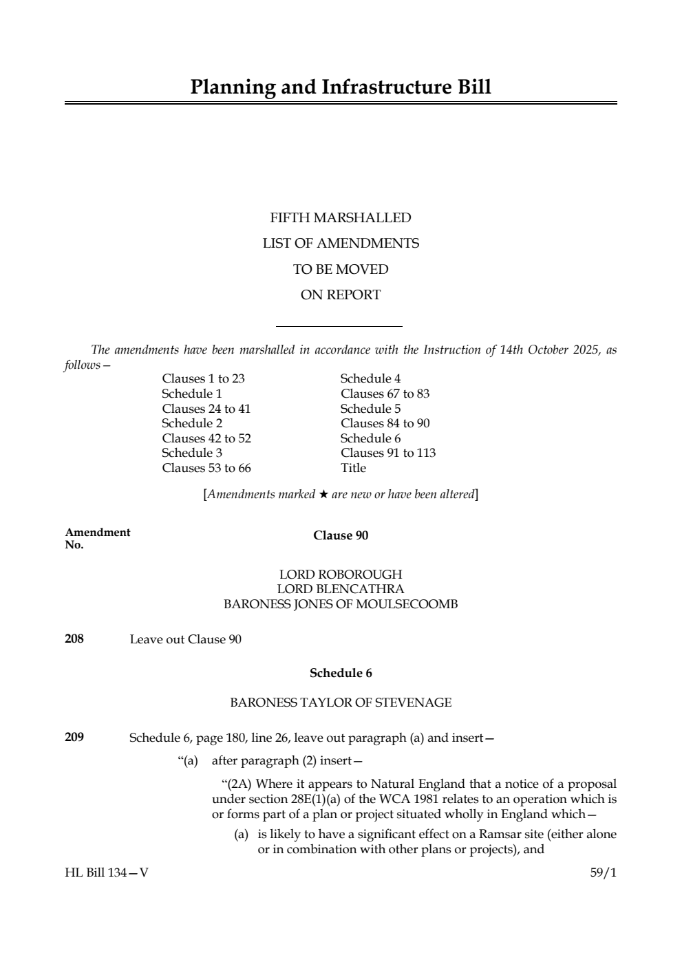 Planning and Infrastructure Bill Fifth Marshalled List of amendments to be moved on report
