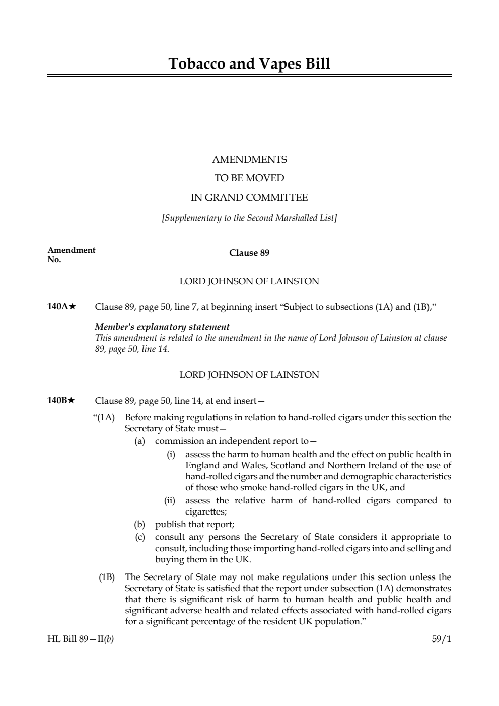Tobacco and Vapes Bill Amendments to be moved in Grand Committee [Supplementary to the Second Marshalled List]