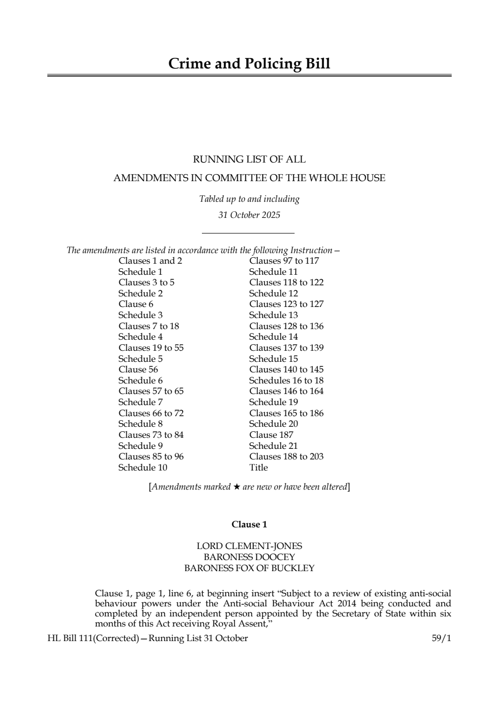 Crime and Policing Bill Running List of all amendments in Committee of the Whole House tabled up to and including 31 October 2025