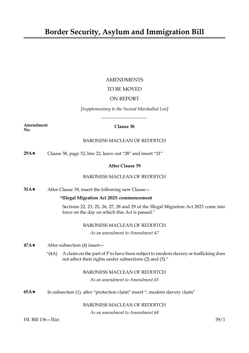 Border Security, Asylum and Immigration Bill Amendments to be moved on report [Supplementary to the Second Marshalled List] 