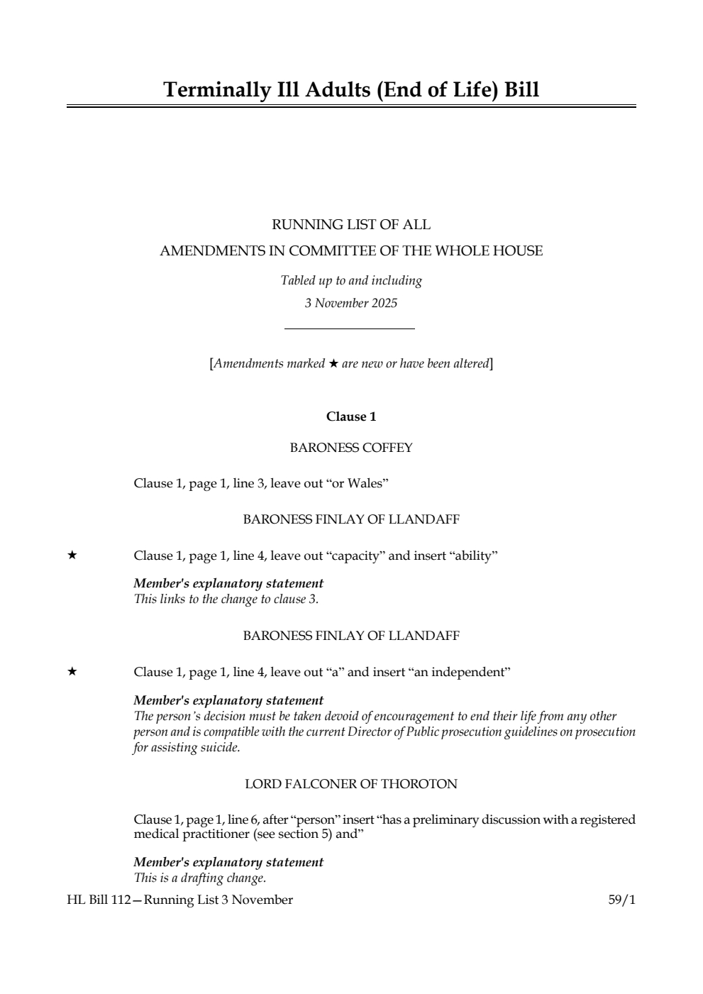 Terminally Ill Adults (End of Life) Bill Running List of all amendments in Committee of the Whole House tabled up to and including 3 November 2025