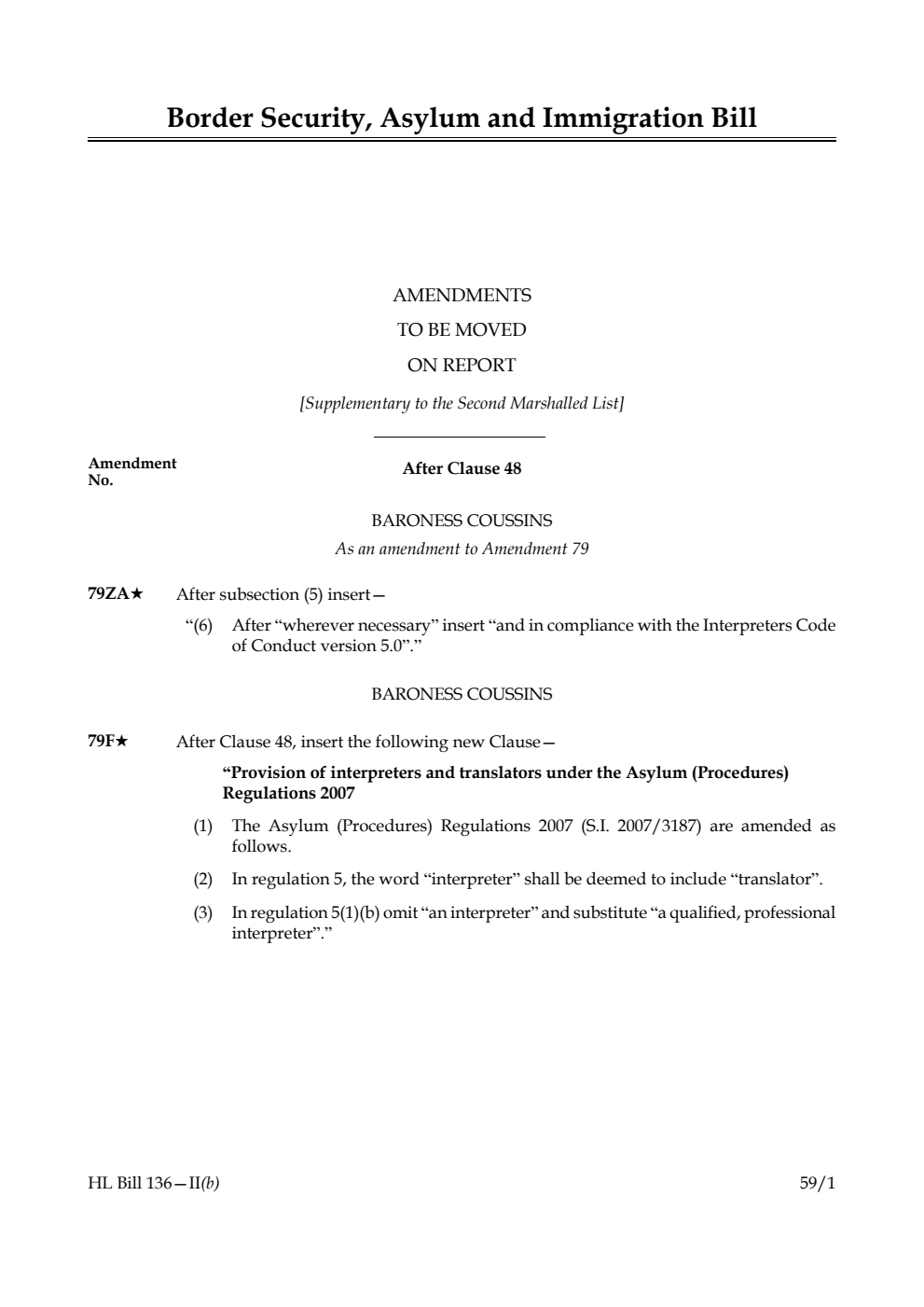 Border Security, Asylum and Immigration Bill Amendments to be moved on report [Supplementary to the Second Marshalled List]