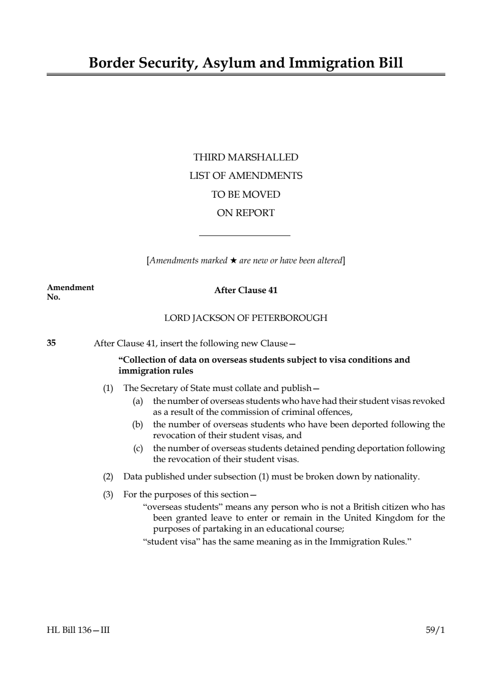 Border Security, Asylum and Immigration Bill Third Marshalled List of amendments to be moved on report