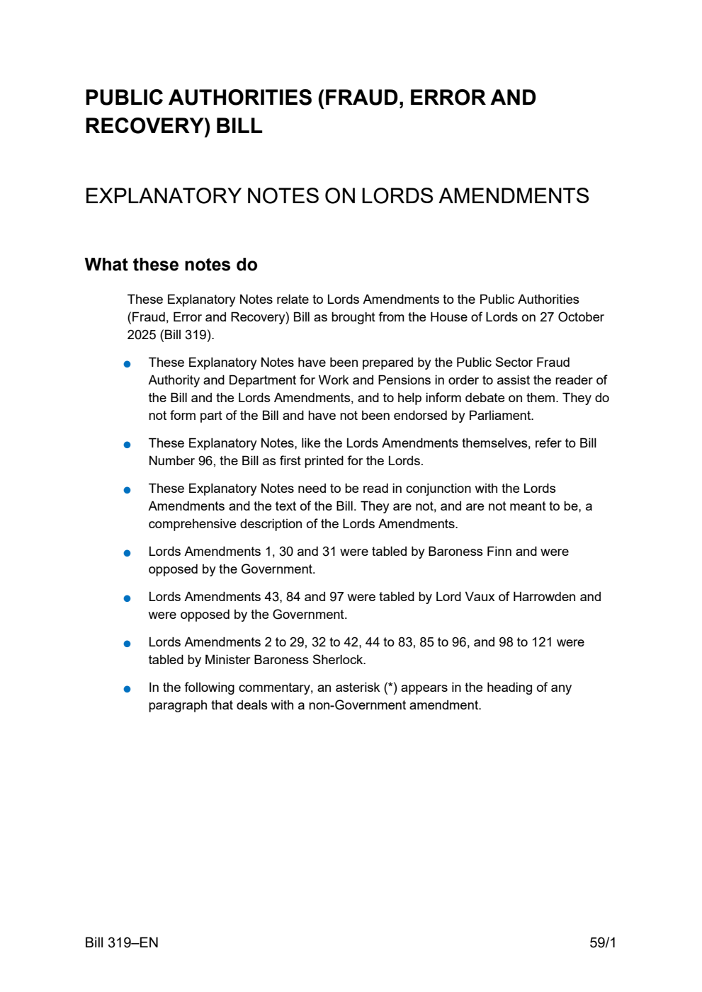 Public Authorities (Fraud, Error and Recovery) Bill Explanatory Notes on Lords Amendments