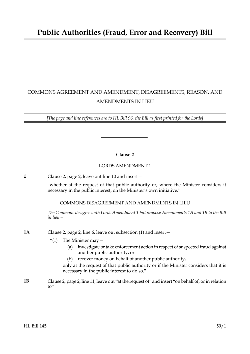 Public Authorities (Fraud, Error and Recovery) Bill Commons agreement and amendment, disagreements, reason, and amendments in lieu